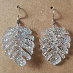 Acrylic Clear Sparkle Monstera Leaf Dangle Earrings on Surgical Steel Posts